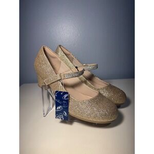 Gold Glitter Mary Jane Block Heel Pumps with Rhinestone Strap Women Size 8